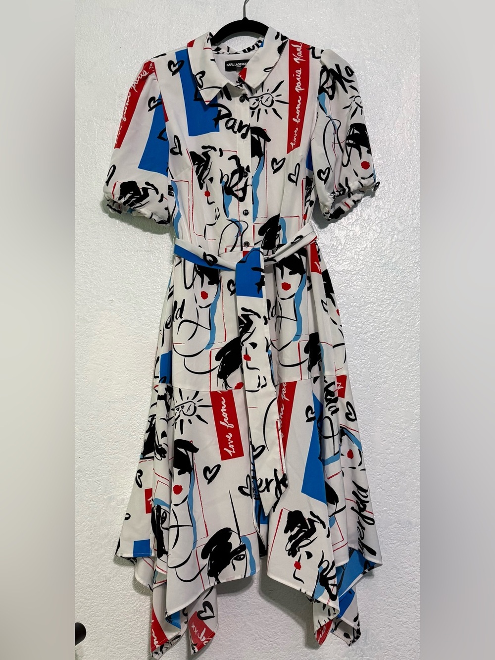 Karl Lagerfeld Paris Graphic Print Handkerchief Hem Dress Size 10 - Picture 2 of 8